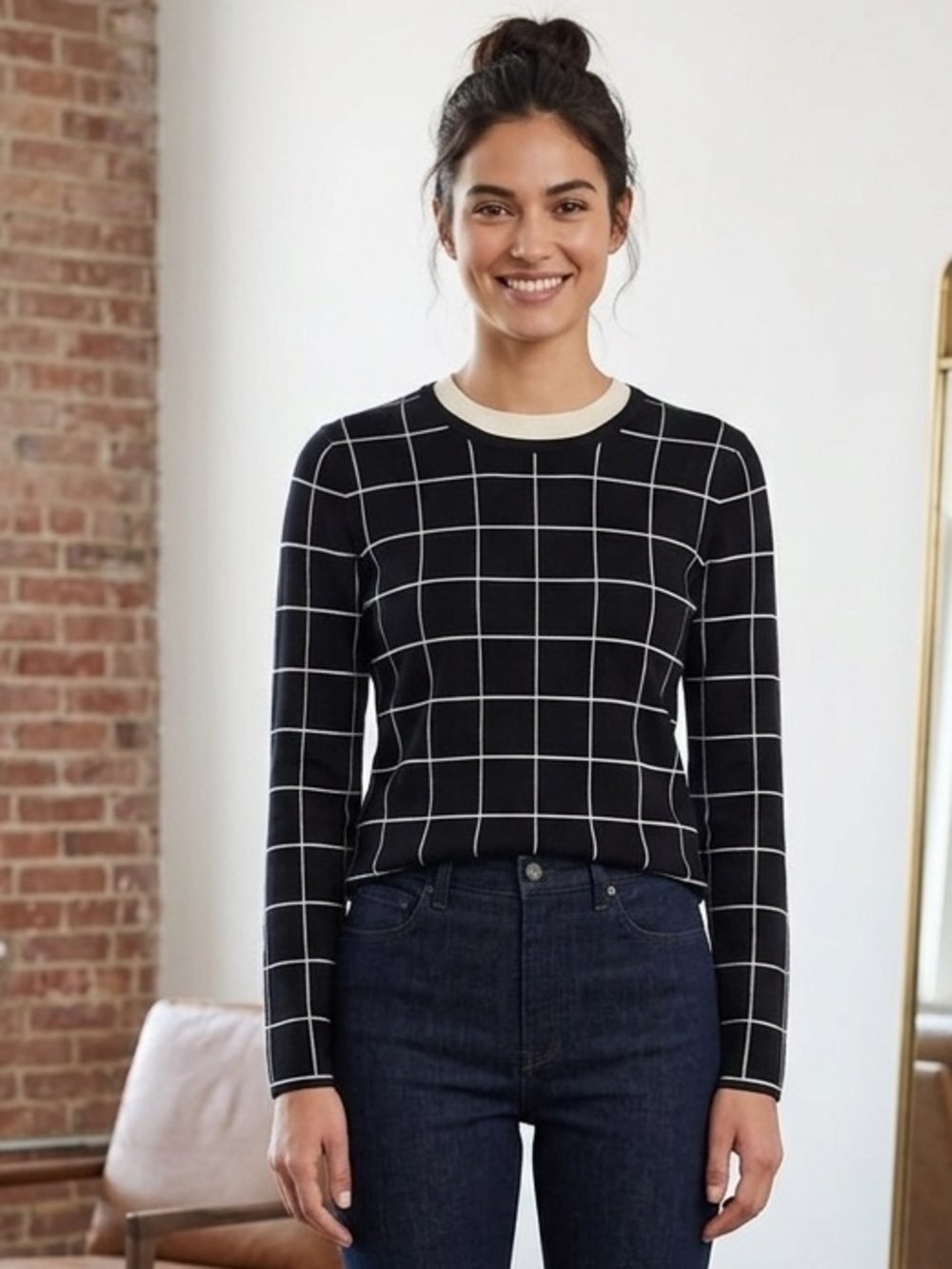 Derek Lam Black Crewneck Sweater with White Windowpane Grid Size M